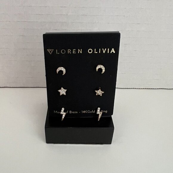 Nordstrom Iconic 14K Gold Celestial Earring Set Lightning Moon Star - Picture 2 of 6